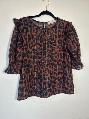 LOFT Rust and Black Leopard Print Ruffle Sleeve Blouse
